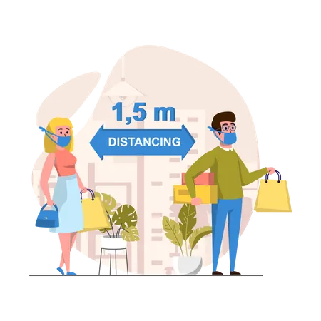 Social Distance Concept Scenes Set Man And Woman Keep Distance Of 1 5 Meters At Shopping In Park In Cafe Greeting Collection Of People Activities Vector Illustration Of Characters In Flat Design Illustration