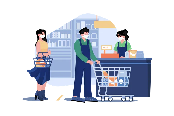Social Distance At Shopping Checkout Illustration