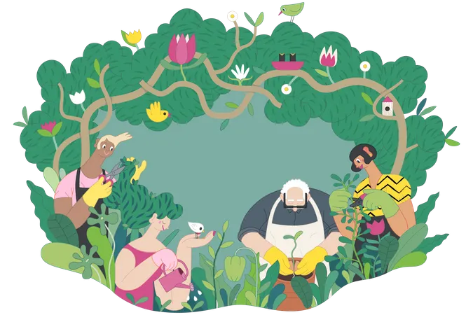 Gardening People Spring Modern Flat Vector Concept Illustration Of People In The Garden Wearing Aprons And Gloves Gardening Watering Planting Cutting Branches Spring Gardening Concept Illustration