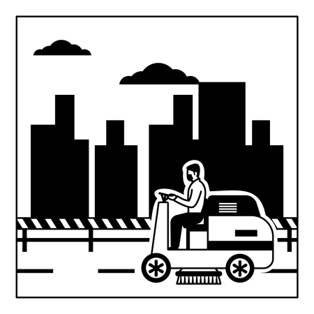 Maintenance worker operating a ride-on sweeper  Illustration