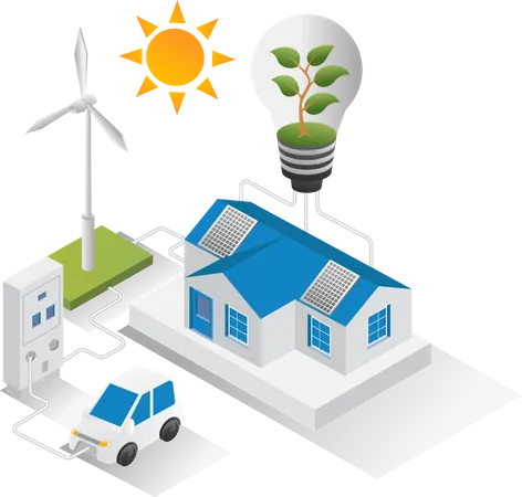 Maison avec panneaux solaires pour voiture électrique  Illustration