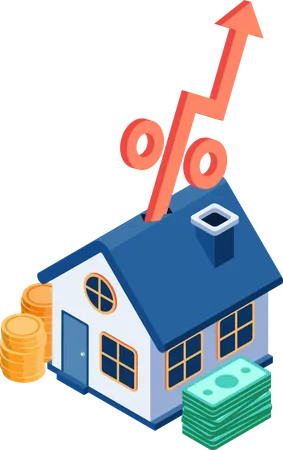 Maison avec flèche de taux d'intérêt augmentant le taux hypothécaire et l'investissement immobilier  Illustration