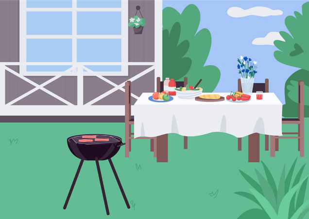 Barbecue dans la cour de la maison  Illustration