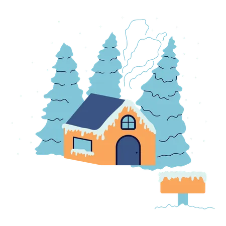 Maison d'hiver et pins  Illustration