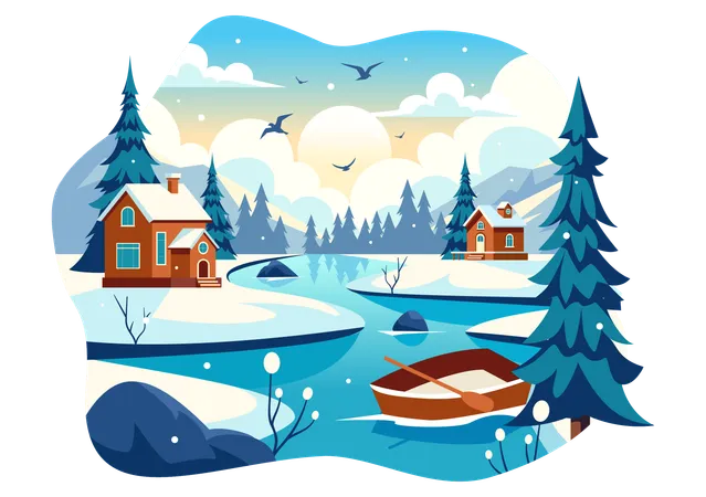 Maison de neige avec paysage de montagne  Illustration