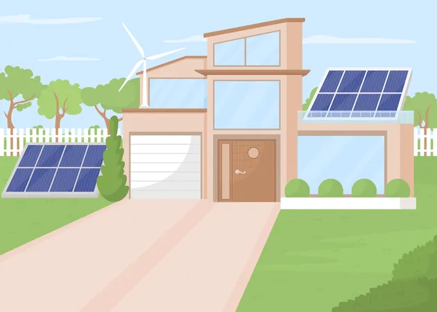 Maison écologique avec panneaux solaires et moulins à vent  Illustration