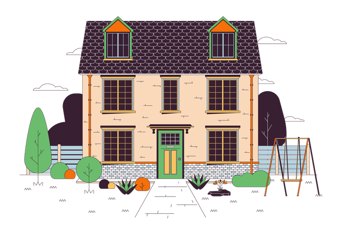 Maison multifamiliale avec balançoire, pelouse verte  Illustration