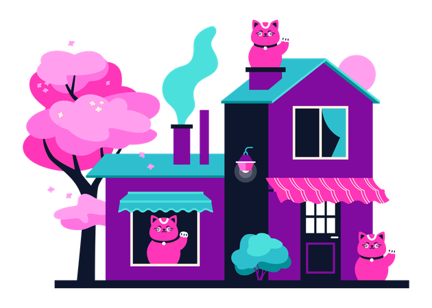 Maison néon et Maneki-neko  Illustration
