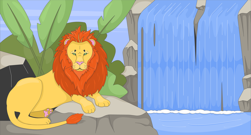 Majestic lion resting by flowing waterfall  Illustration