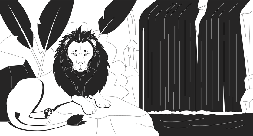 Majestic lion resting by flowing waterfall  Illustration