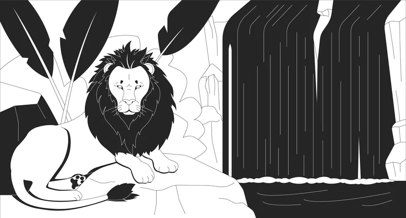 Majestic lion resting by flowing waterfall  Illustration
