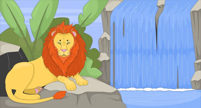 Majestic lion resting by flowing waterfall  Illustration
