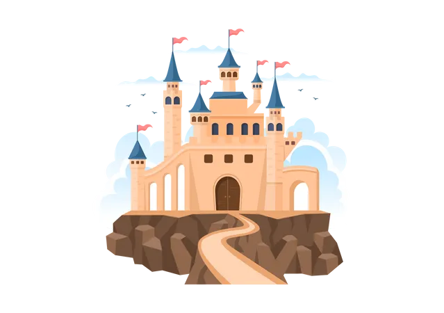Castelo Com Arquitetura De Palacio Majestoso E Conto De Fadas Como Cenario Florestal Em Ilustracao De Estilo Plano De Desenho Animado Ilustração
