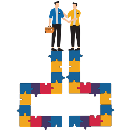 Make business deals to achieve business goal with two business people shaking hands to connect puzzle bridge, agreement to achieve business success, business partnership concept  Illustration