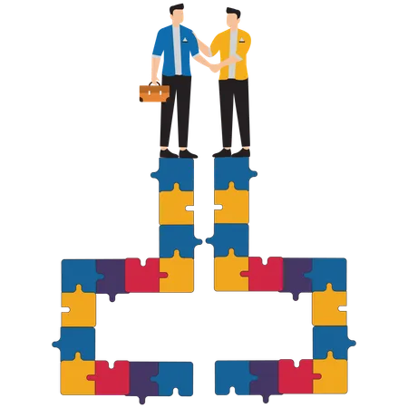 Make business deals to achieve business goal with two business people shaking hands to connect puzzle bridge, agreement to achieve business success, business partnership concept  Illustration