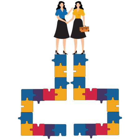 Make business deals to achieve business goal with two business people shaking hands to connect puzzle bridge, agreement to achieve business success, business partnership concept  Illustration