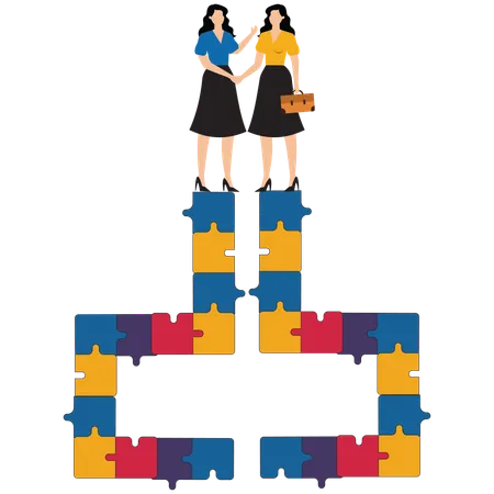 Make business deals to achieve business goal with two business people shaking hands to connect puzzle bridge, agreement to achieve business success, business partnership concept  Illustration