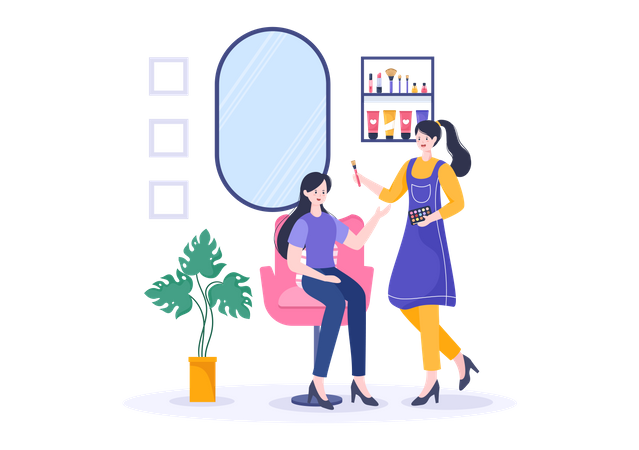 Makeup parlor worker applying makeup on woman  Illustration