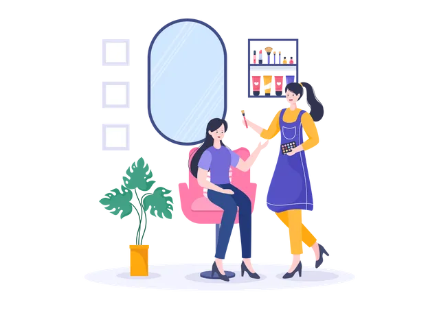 Makeup parlor worker applying makeup on woman  Illustration