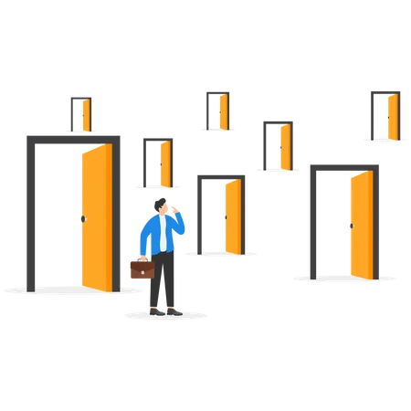 Businessman Standing In Front Of Opened Doors And Making Decisions Vector Illustration Concept Illustration
