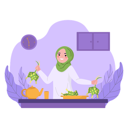 Making ketupat for eid mubarak  Illustration