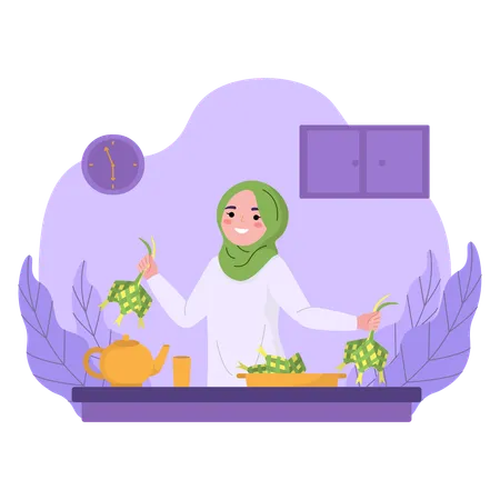 Making ketupat for eid mubarak  Illustration