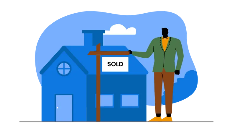 Agent steht neben dem Schild „Haus verkauft“  Illustration