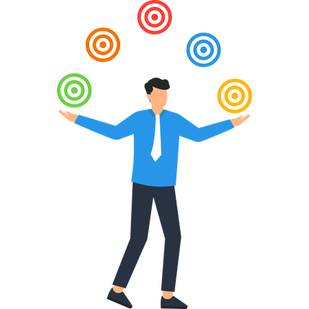 Malabarista de negócios equilibrando alvos e alcançando objetivos  Ilustração