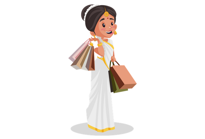 Une femme malayali tient des sacs à provisions dans ses mains après avoir fait du shopping  Illustration