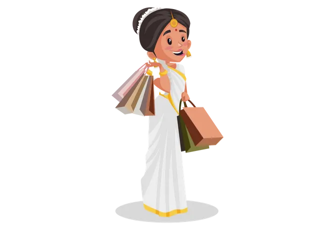 Une femme malayali tient des sacs à provisions dans ses mains après avoir fait du shopping  Illustration