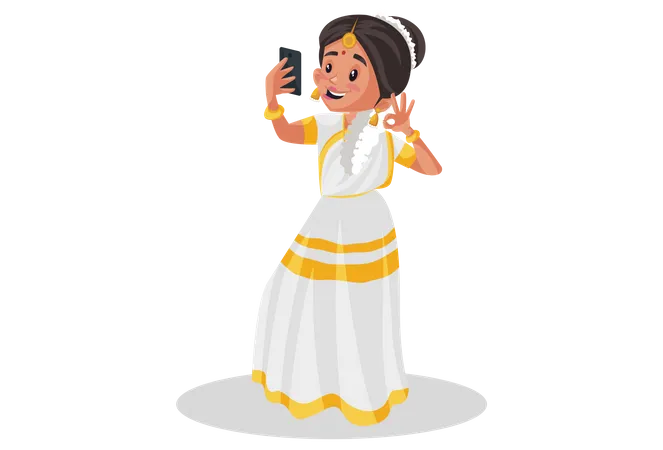 Malayali-Frau macht Selfie mit dem Mobiltelefon  Illustration