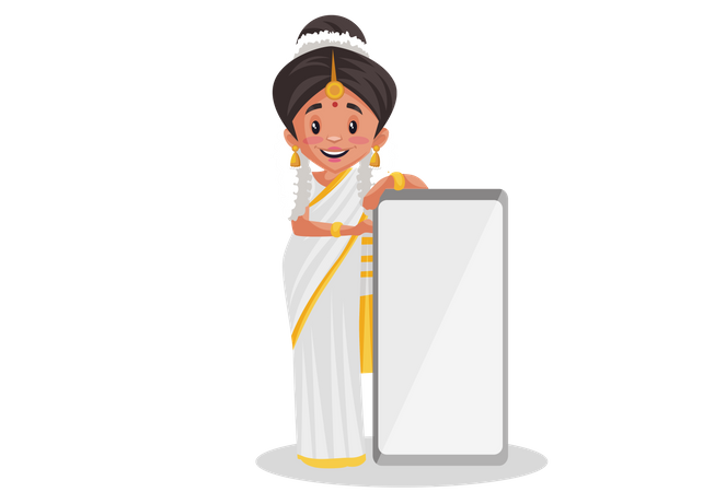 Malayali woman holding blank mobile display  Illustration