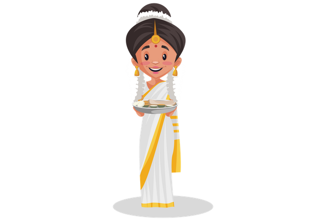 Malayali woman holding food plate in her hands Illustration