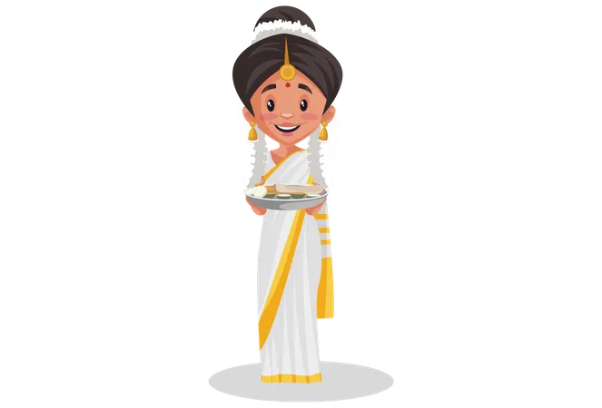 Malayali woman holding food plate in her hands Illustration