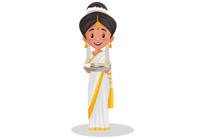 Malayali woman holding food plate in her hands  Illustration