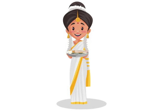 Malayali woman holding food plate in her hands  Illustration