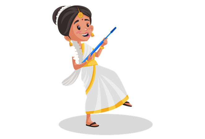 Malayali woman holding mop in her hands as guitar Illustration