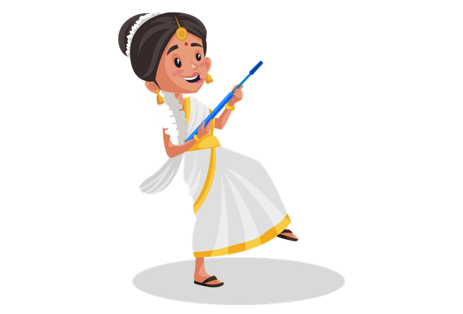 Malayali woman holding mop in her hands as guitar  Illustration