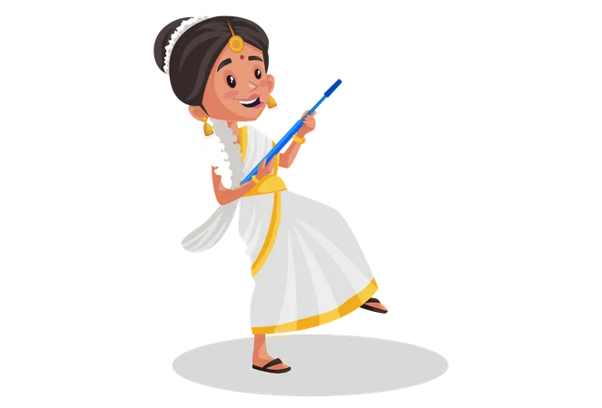 Malayali woman holding mop in her hands as guitar  Illustration