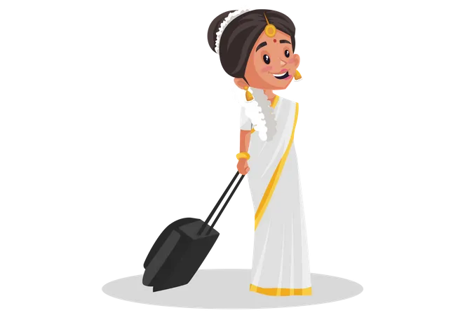 Malayali woman holding suitcase  Illustration