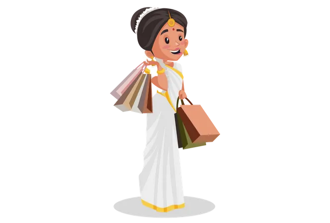 Malayali woman is holding shopping bags in her hands after shopping Illustration