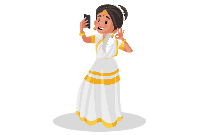 Malayali woman is taking selfie in the mobile phone Illustration