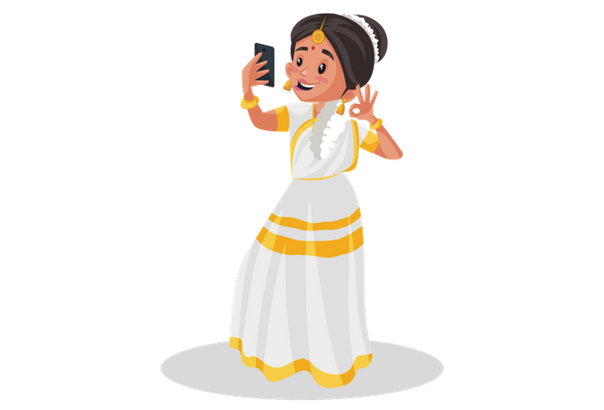 Malayali woman is taking selfie in the mobile phone  Illustration