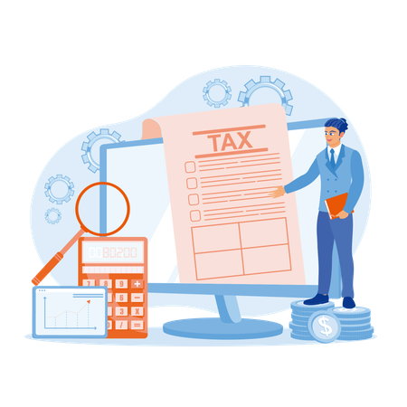 Male accountant examines tax forms  Illustration