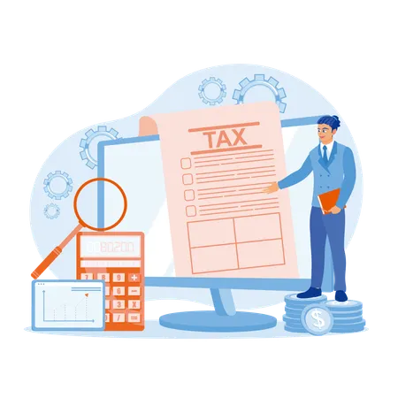 Male accountant examines tax forms  Illustration