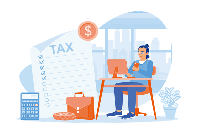 Male accountant sitting in front of computer checking tax documents  Illustration