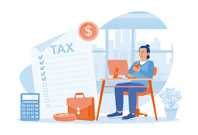 Male accountant sitting in front of computer checking tax documents  Illustration