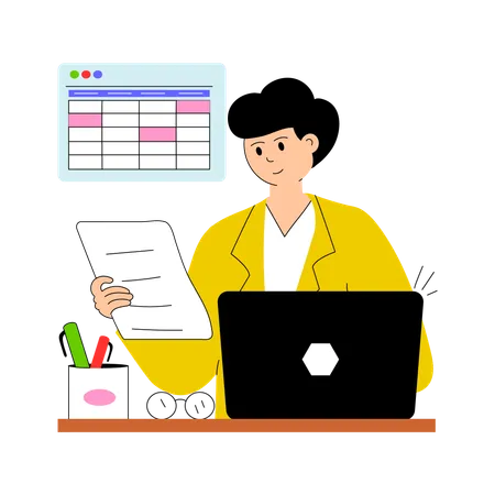 Male Accountant working on laptop and looking report  Illustration