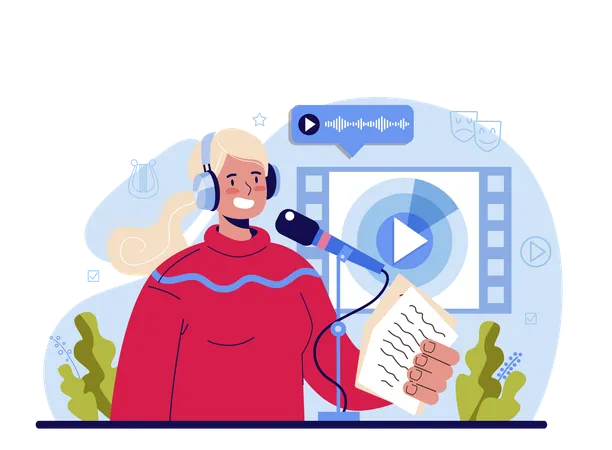 Voice Actor Concept Actor Dubbing Or Voicing Over A Cartoon Movie Or Series Character Talking Through The Microphone At The Studio Flat Vector Illustration Illustration