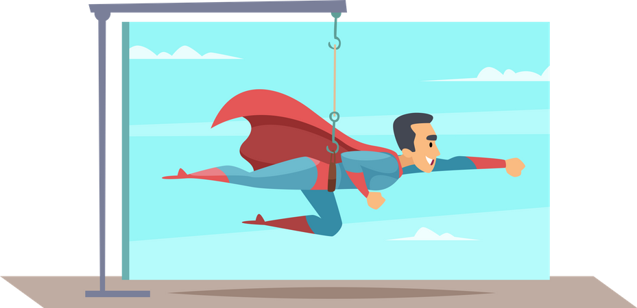 Male actor flying in sky using props  Illustration